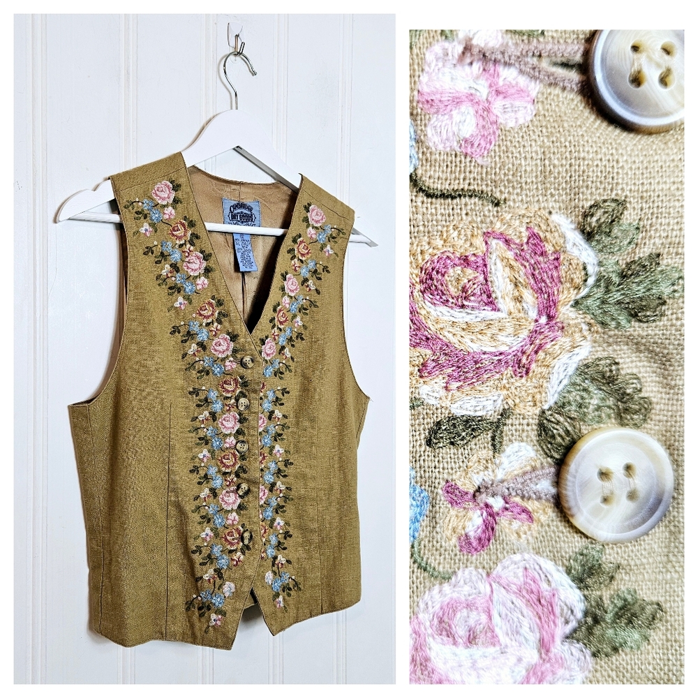 Vintage Cambridge Dry Goods Vest S Floral Embroidered Linen Cotton Bohemian Tan!